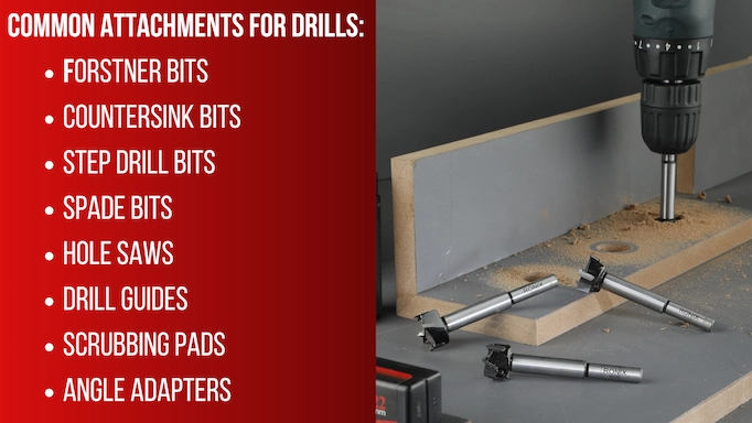 A drill being used with a forstner bit plus text about different types of bits for drills